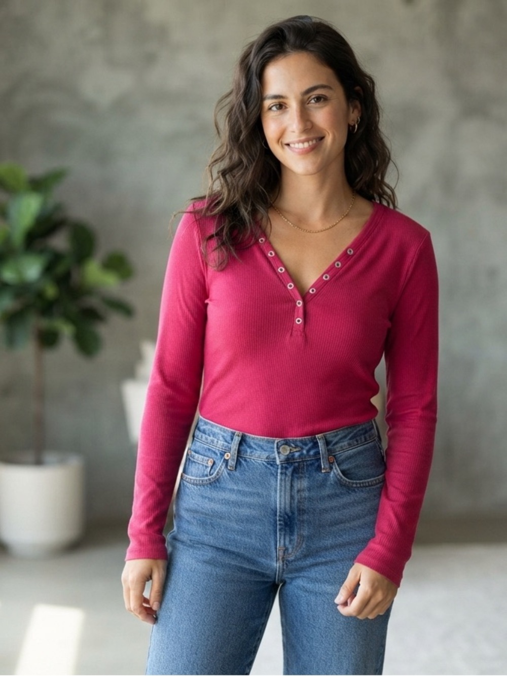 S Deer Red Ribbed Long-Sleeve Henley Top